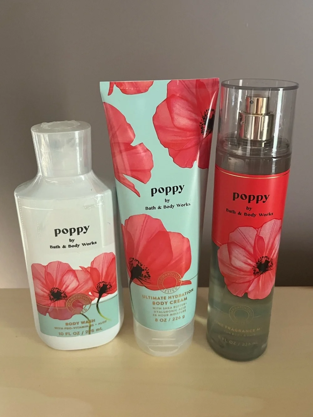 Bath & Body Works Poppy Body Wash, Fragrance Mist & Body Cream Set